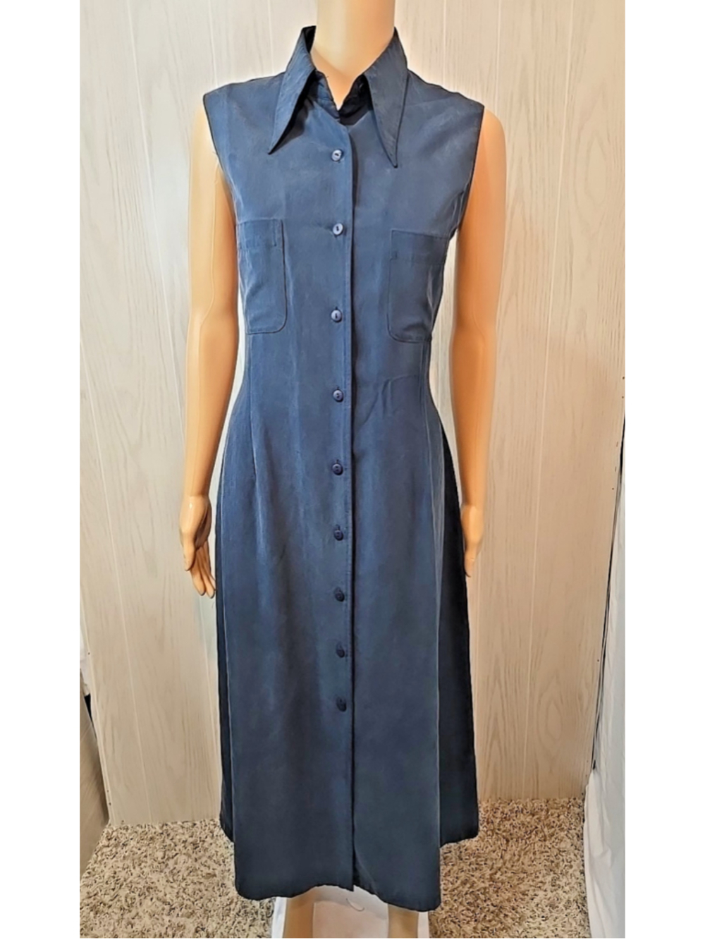 Ann Taylor Size 8 Slate Blue 100% Silk Maxi Shirtdress Vintage Quiet Luxury - Picture 2 of 7